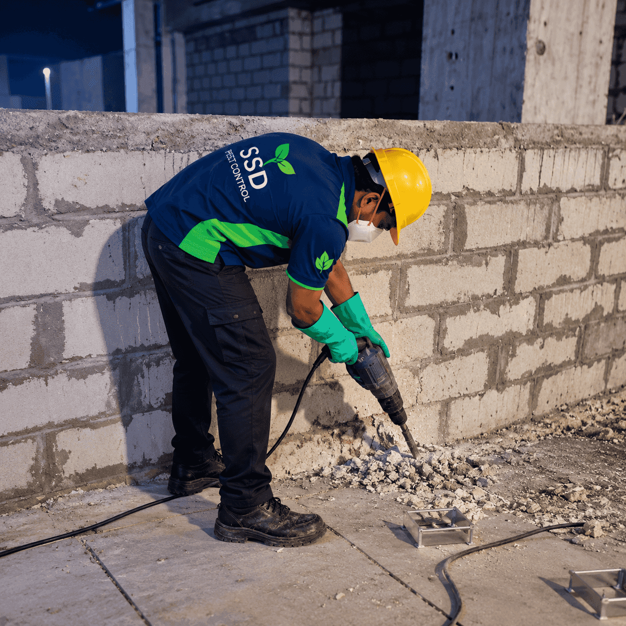 SSD technician in a hard hat drilling at the base of a block wall on a construction site at dusk