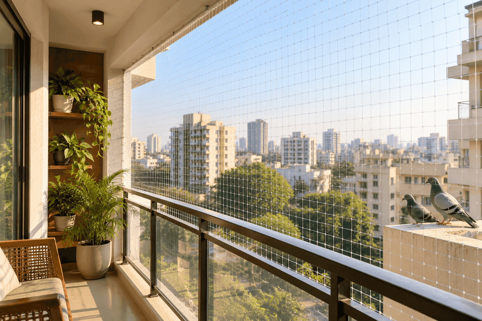 Transparent bird net fitted across an apartment balcony with pigeons kept outside