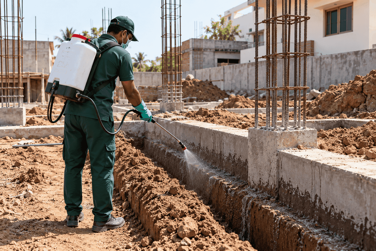Foundation trench at a building site being treated with an anti-termite solution