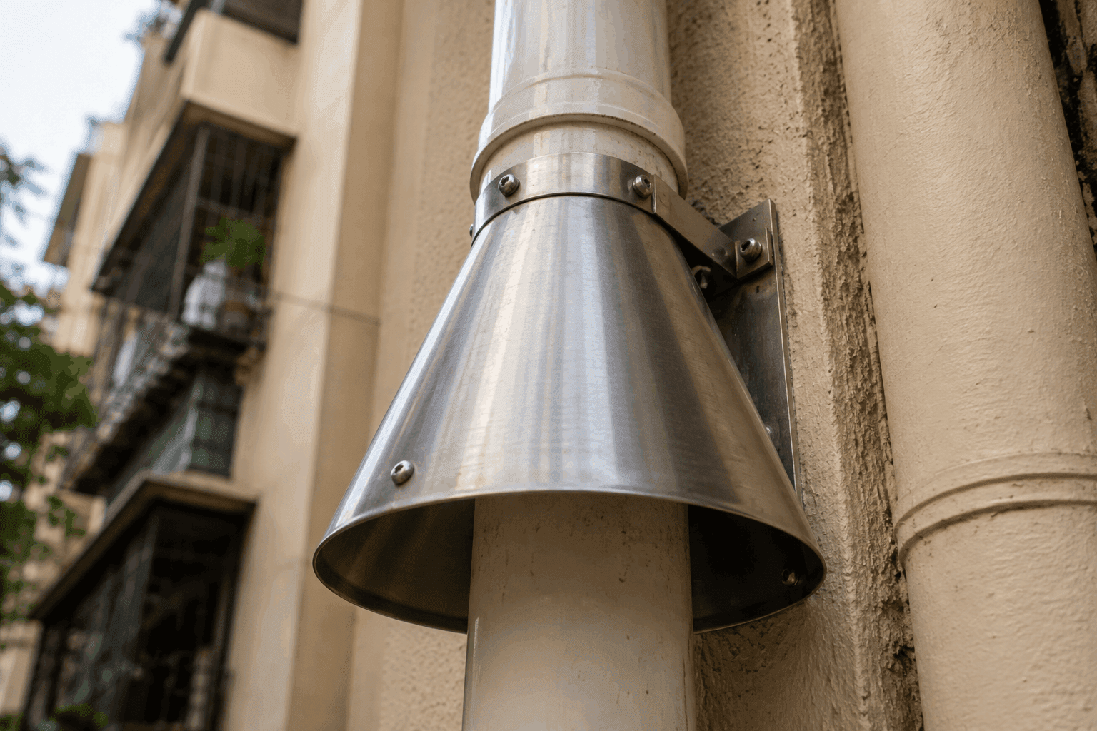 Stainless steel rat guard fitted on an exterior pipe