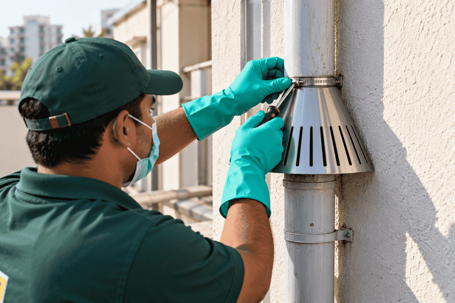 Stainless steel cone-shaped rat guard fitted around a vertical drain pipe on a building wall