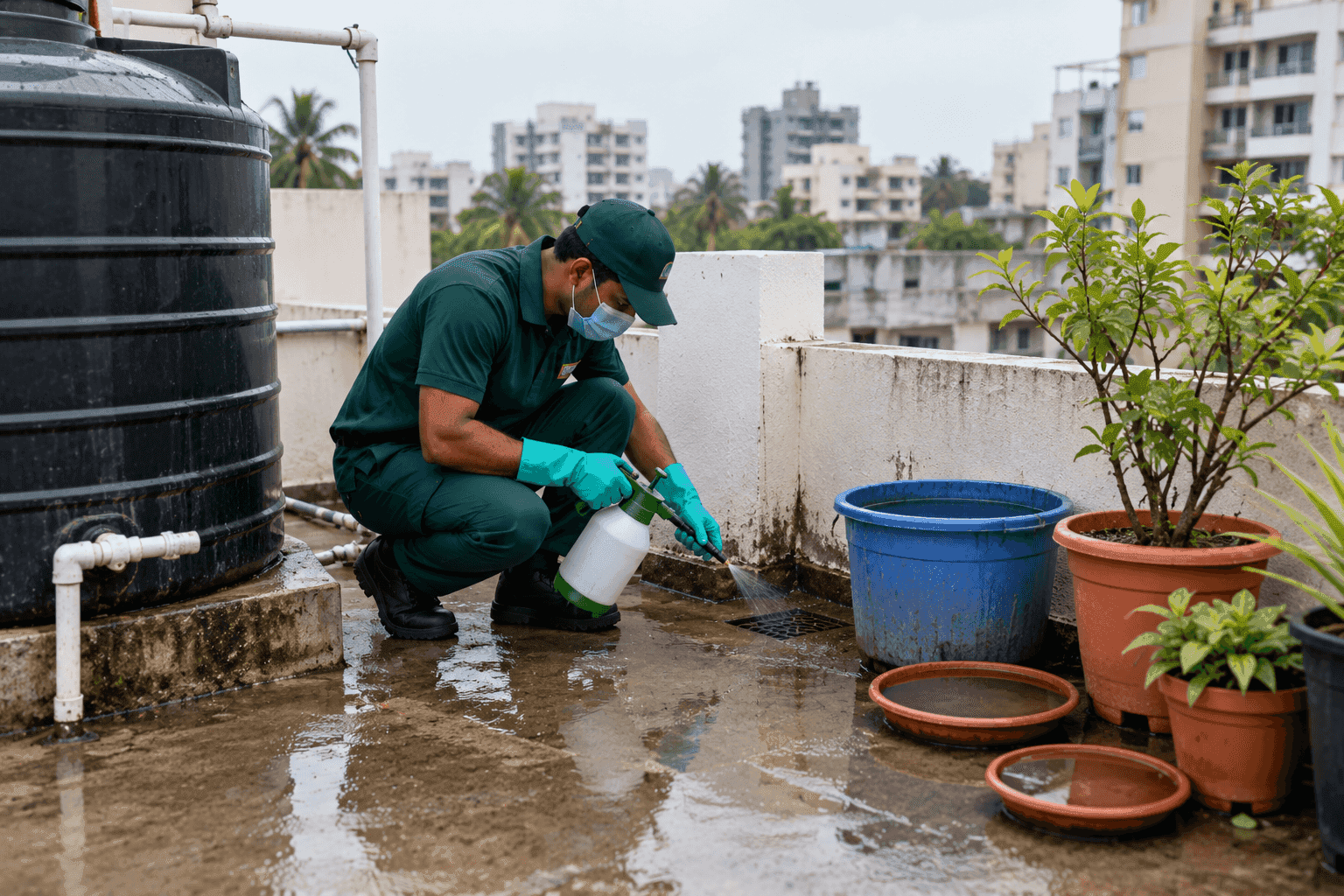 Overflowing terrace water tank and flower pot saucers collecting stagnant water