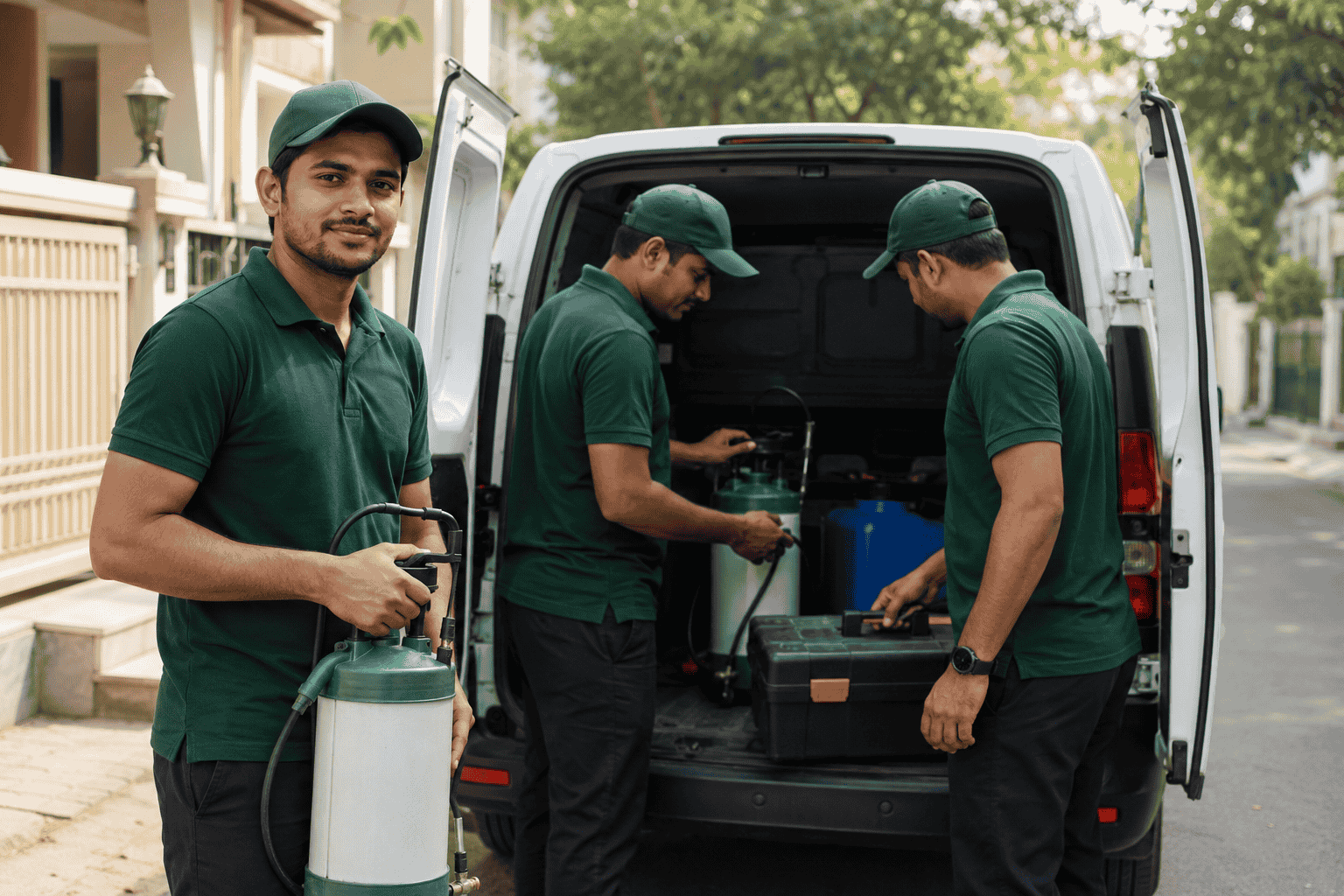 SSD Pest Control technicians loading equipment into the service van
